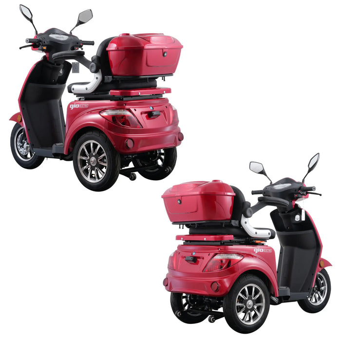 Dual rear three-quarter angle views of the red GIO Regal 3-Wheel Mobility Scooter highlighting rear storage compartment, taillights, wheels, and compact design.