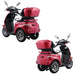 Dual rear three-quarter angle views of the red GIO Regal 3-Wheel Mobility Scooter highlighting rear storage compartment, taillights, wheels, and compact design.