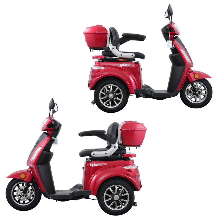 Side profile views of the red GIO Regal 3-Wheel Mobility Scooter showing both left and right sides with rear storage compartment and black padded seat.