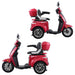 Side profile views of the red GIO Regal 3-Wheel Mobility Scooter showing both left and right sides with rear storage compartment and black padded seat.