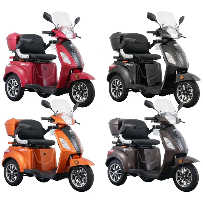 Multiple color options of the GIO Regal 3-Wheel Mobility Scooter with windshield shown in red, black, orange, and brown finishes on a white background.