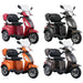 Multiple color options of the GIO Regal 3-Wheel Mobility Scooter with windshield shown in red, black, orange, and brown finishes on a white background.