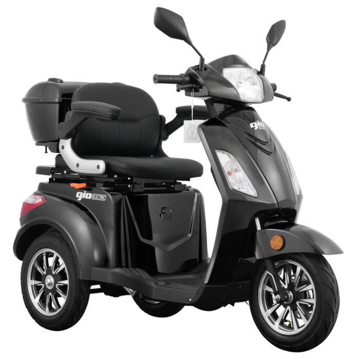 Front angled view of the black GIO Regal 3-Wheel Mobility Scooter with a windshield, showcasing the padded captain seat, armrests, rear storage compartment, LED lighting, and modern body styling.