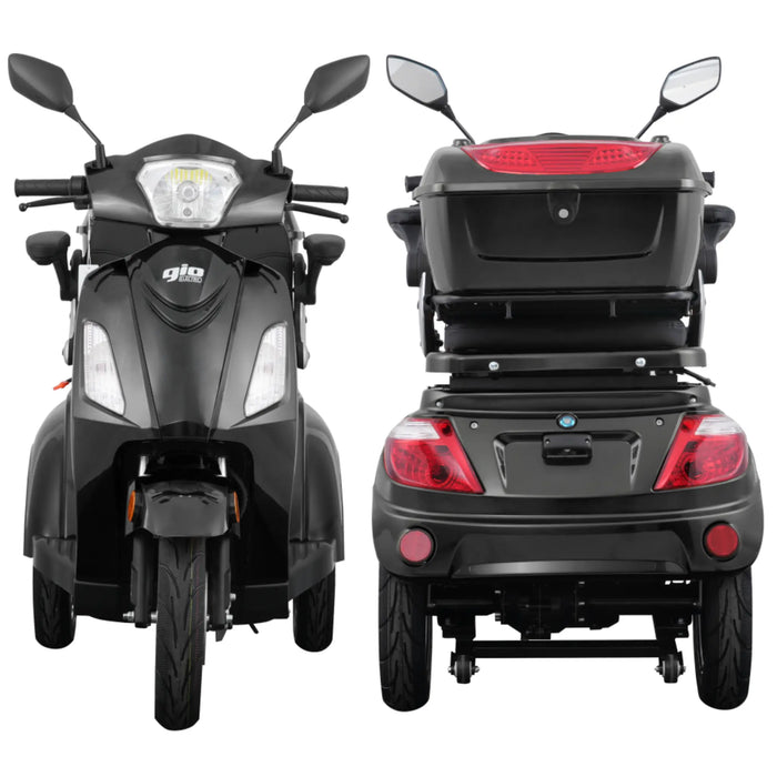 Front and rear view of the black GIO Regal 3-Wheel Mobility Scooter with windshield, featuring LED headlights, rear brake lights, rear storage box, mirrors, and a stable three-wheel design.