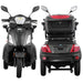 Front and rear view of the black GIO Regal 3-Wheel Mobility Scooter with windshield, featuring LED headlights, rear brake lights, rear storage box, mirrors, and a stable three-wheel design.