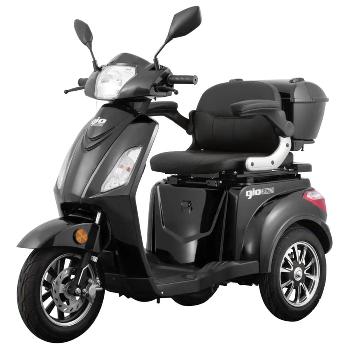 Studio shot of the black GIO Regal 3-Wheel Mobility Scooter with windshield, featuring a cushioned captain seat, armrests, rear storage box, front suspension, and modern scooter styling.