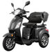 Studio shot of the black GIO Regal 3-Wheel Mobility Scooter with windshield, featuring a cushioned captain seat, armrests, rear storage box, front suspension, and modern scooter styling.