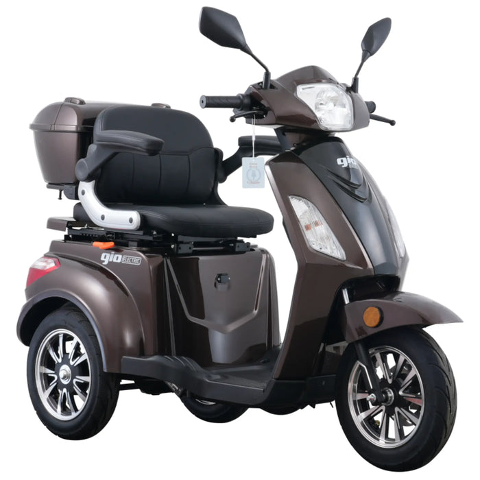 Studio shot of the brown GIO Regal 3-Wheel Mobility Scooter with a windshield, highlighting the padded captain seat, rear trunk storage, alloy wheels, and sleek three-wheel scooter design.