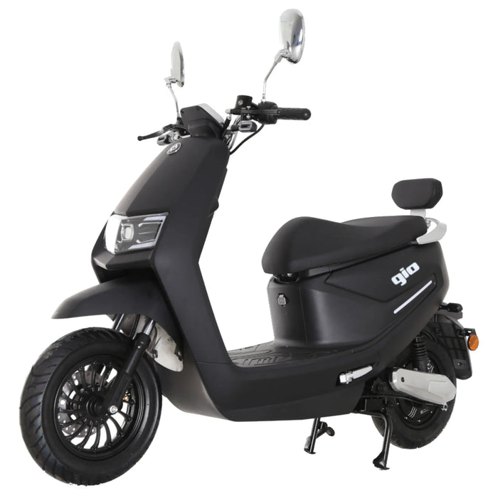 Black GIO Supra street-legal electric scooter shown in a front three-quarter view with LED headlight, black wheels, rear backrest, mirrors, and modern urban commuter styling.