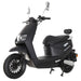 Black GIO Supra street-legal electric scooter shown in a front three-quarter view with LED headlight, black wheels, rear backrest, mirrors, and modern urban commuter styling.