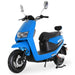 Blue GIO Supra street-legal electric scooter in a front three-quarter view with modern LED headlight, black seating, rear passenger backrest, alloy wheels, and compact electric scooter styling.