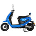 Blue GIO Supra street-legal electric scooter shown in full side profile with rear passenger backrest, LED lighting, black seat, and modern urban commuter design.