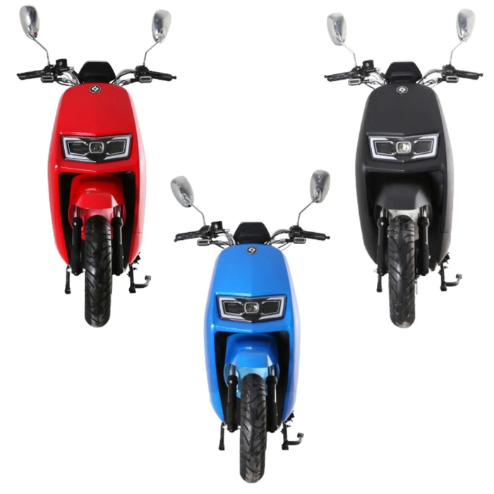 Front view comparison of GIO Supra street-legal electric scooters in red, blue, and black color options showcasing LED headlights, mirrors, and modern scooter styling.