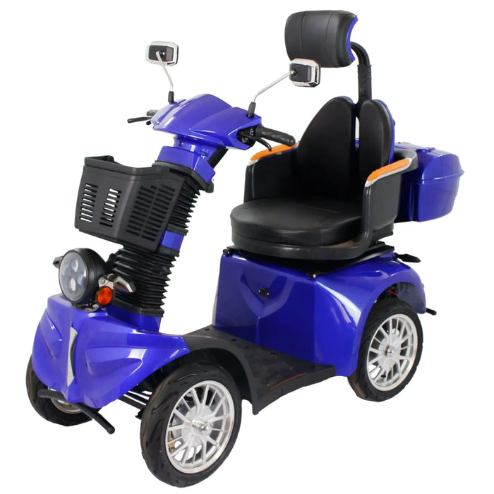 Angled front-side view of blue GIO Tron Pro 4-Wheeled Smart Mobility Scooter featuring padded captain seat, headrest, front basket, LED headlight, mirrors, and four-wheel chassis.