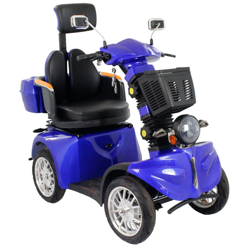 Front angled view of blue GIO Tron Pro 4-Wheeled Smart Mobility Scooter featuring front basket, LED headlight, padded seat, mirrors, and four-wheel stability.