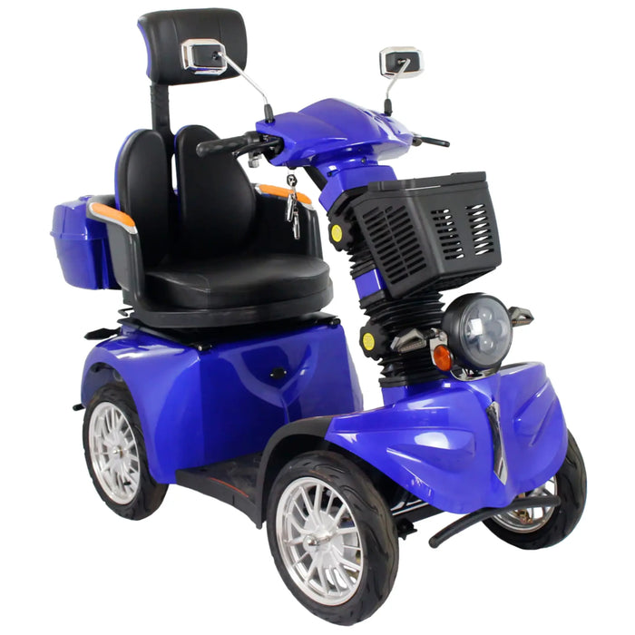 Front angled view of blue GIO Tron Pro 4-Wheeled Smart Mobility Scooter featuring front basket, LED headlight, padded seat, mirrors, and four-wheel stability.