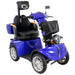 Front angled view of blue GIO Tron Pro 4-Wheeled Smart Mobility Scooter featuring front basket, LED headlight, padded seat, mirrors, and four-wheel stability.