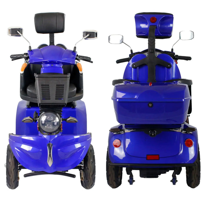 Front and rear comparison view of blue GIO Tron Pro 4-Wheeled Smart Mobility Scooter with LED lighting, captain seat, rear cargo box, and mirrors.
