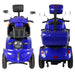 Front and rear comparison view of blue GIO Tron Pro 4-Wheeled Smart Mobility Scooter with LED lighting, captain seat, rear cargo box, and mirrors.