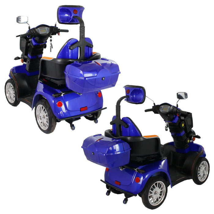 Rear angled views of the blue GIO Tron Pro 4-Wheeled Smart Mobility Scooter showing rear storage compartment, backrest, and four-wheel chassis.