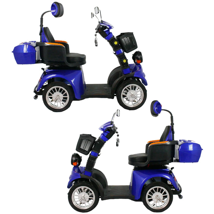 Multiple side profile views of the blue GIO Tron Pro 4-Wheeled Smart Mobility Scooter, highlighting rear storage box, mirrors, basket, and stable four-wheel design.