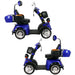 Multiple side profile views of the blue GIO Tron Pro 4-Wheeled Smart Mobility Scooter, highlighting rear storage box, mirrors, basket, and stable four-wheel design.
