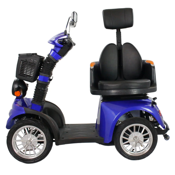 Full side profile of the blue GIO Tron Pro 4-Wheeled Smart Mobility Scooter featuring a padded captain seat with headrest, front storage basket, mirrors, alloy-style wheels, and stable four-wheel design.