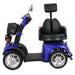 Full side profile of the blue GIO Tron Pro 4-Wheeled Smart Mobility Scooter featuring a padded captain seat with headrest, front storage basket, mirrors, alloy-style wheels, and stable four-wheel design.