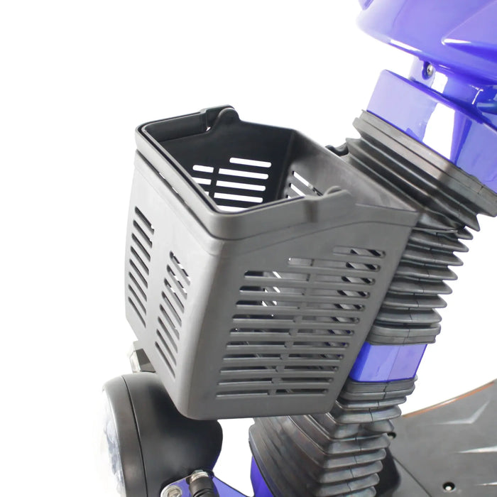 Side close-up of the black front storage basket attached to the blue GIO Tron Pro 4-Wheeled Smart Mobility Scooter.