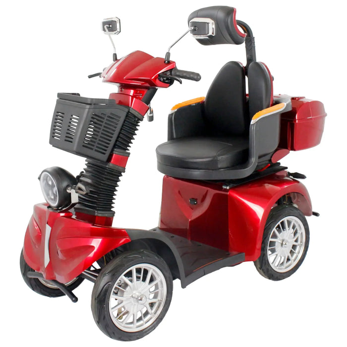 Front angled view of red GIO Tron Pro 4-Wheeled Smart Mobility Scooter highlighting LED headlight, mirrors, front basket, and padded captain seat.