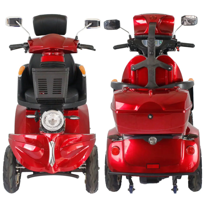 Front and rear view comparison of the red GIO Tron Pro 4-Wheeled Smart Mobility Scooter featuring LED headlight, mirrors, captain seat, rear storage compartment, and four-wheel design.