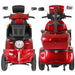 Front and rear view comparison of the red GIO Tron Pro 4-Wheeled Smart Mobility Scooter featuring LED headlight, mirrors, captain seat, rear storage compartment, and four-wheel design.