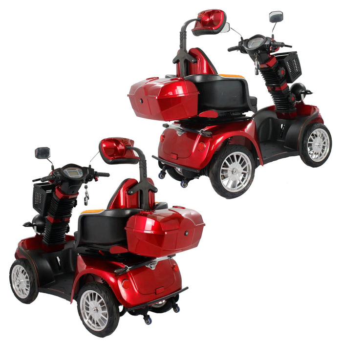 Dual rear three-quarter views of the red GIO Tron Pro 4-Wheeled Smart Mobility Scooter, highlighting the rear storage compartment, padded captain seat with headrest, digital controls, mirrors, and stable four-wheel design.