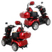 Dual rear three-quarter views of the red GIO Tron Pro 4-Wheeled Smart Mobility Scooter, highlighting the rear storage compartment, padded captain seat with headrest, digital controls, mirrors, and stable four-wheel design.