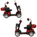 Multiple side profile views of the red GIO Tron Pro 4-Wheeled Smart Mobility Scooter showing seating, storage compartment, front basket, and stable four-wheel frame.