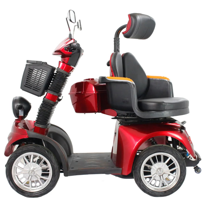 Side profile view of the red GIO Tron Pro 4-Wheeled Smart Mobility Scooter featuring a padded swivel captain seat with headrest, front storage basket, rear storage compartment, suspension steering column, and stable four-wheel base.