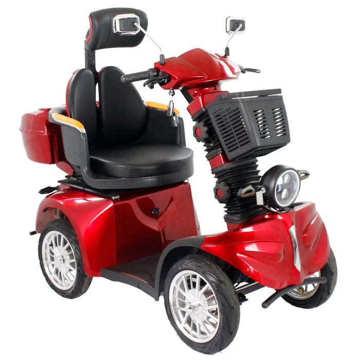 Three-quarter front view of the red GIO Tron Pro 4-Wheeled Smart Mobility Scooter with ergonomic seat, front basket, suspension column, and alloy-style wheels.