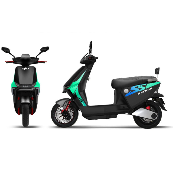 Side profile of the black  GIO Ultron seated electric scooter with streamlined frame, front disc brake, rear suspension, and urban commuter styling.