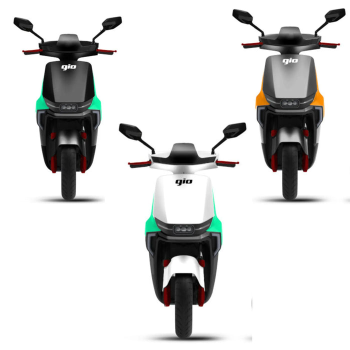 Front view comparison of GIO Ultron seated electric scooters in black, white, and gray color options.