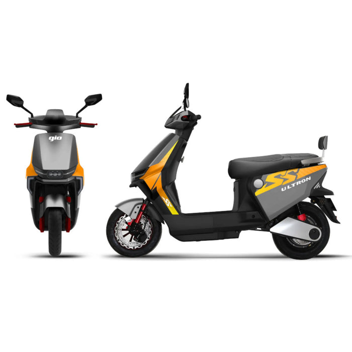 Front and side display of the gray GIO Ultron seated electric scooter featuring sporty styling, front disc brakes, and compact commuter design.