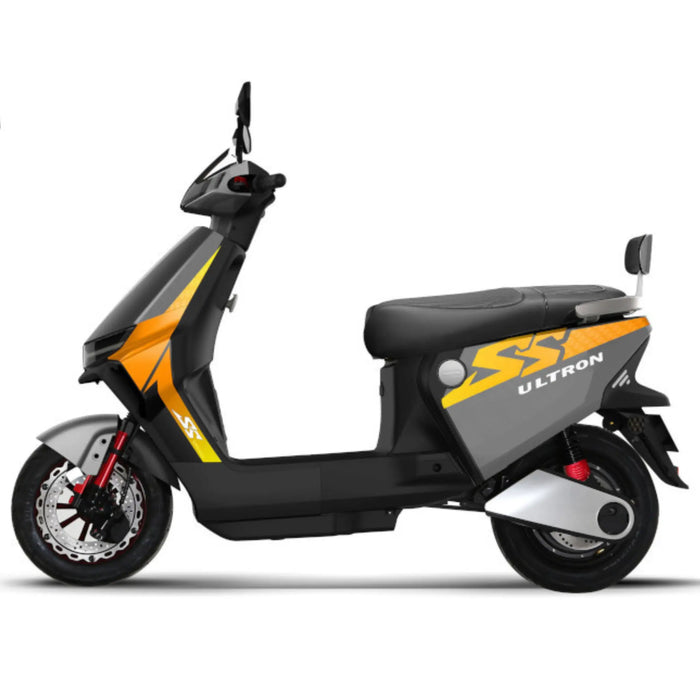 Gray GIO Ultron seated electric scooter shown in full side profile with sporty graphics, front disc brakes, compact electric drivetrain, and modern urban commuter styling.