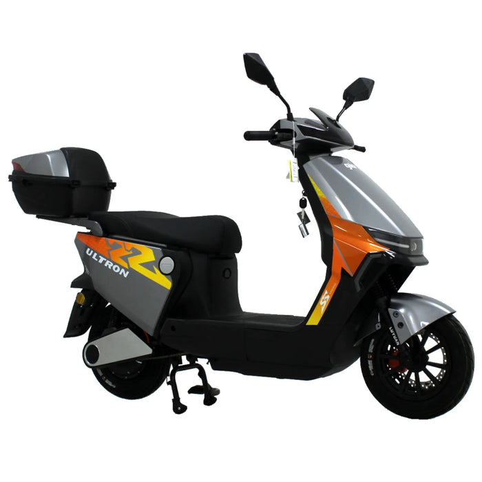 Gray GIO Ultron seated electric scooter with rear storage box, black seat, alloy wheels, and modern angular body styling shown in side profile.