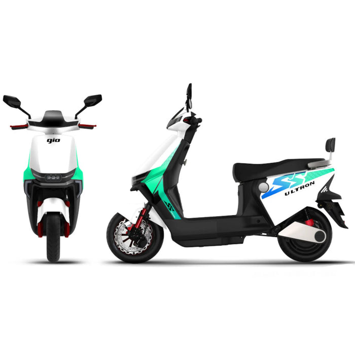 Front and side profile views of the white GIO Ultron seated electric scooter, highlighting LED headlight design, compact frame, and sporty body panels.