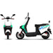 Front and side profile views of the white GIO Ultron seated electric scooter, highlighting LED headlight design, compact frame, and sporty body panels.