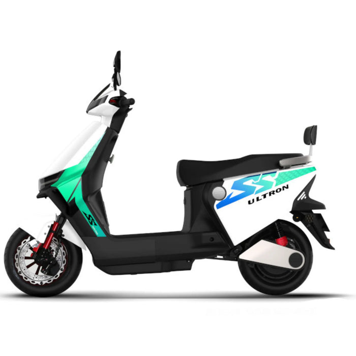 White GIO Ultron seated electric scooter shown in full side profile with sporty graphics, compact electric drivetrain, and modern commuter design.