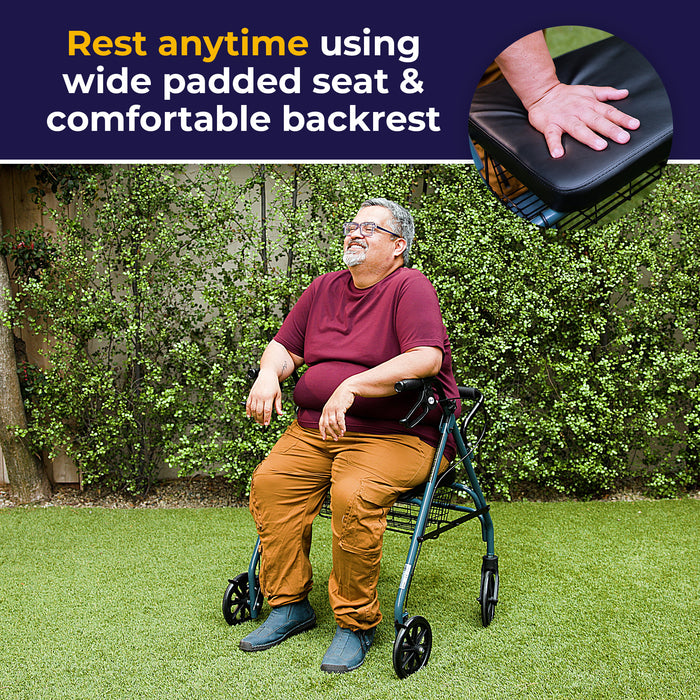 Go-Lite Bariatric Rollator, Blue, Side View in use as a Chair with wide padded seat