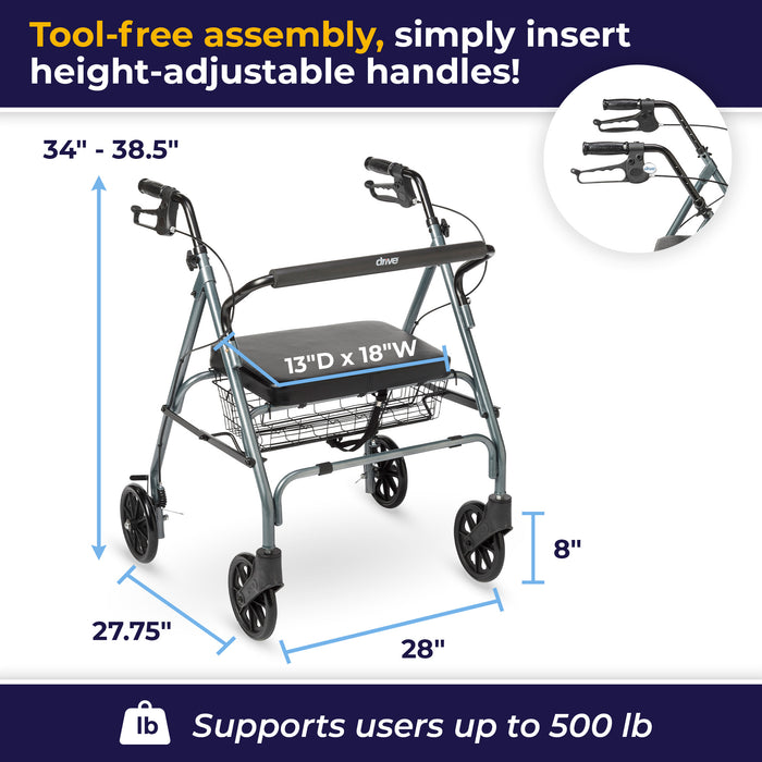 Go-Lite Bariatric Rollator, Blue, Tool Free Assembly and Dimensions