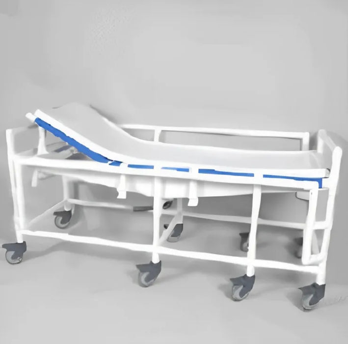 Healthline Bariatric Reclining Shower Gurney with blue pad, full-length rails and eight locking wheels