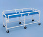 Healthline Transport Shower Gurney with reinforced white frame, blue surface and drop safety rails