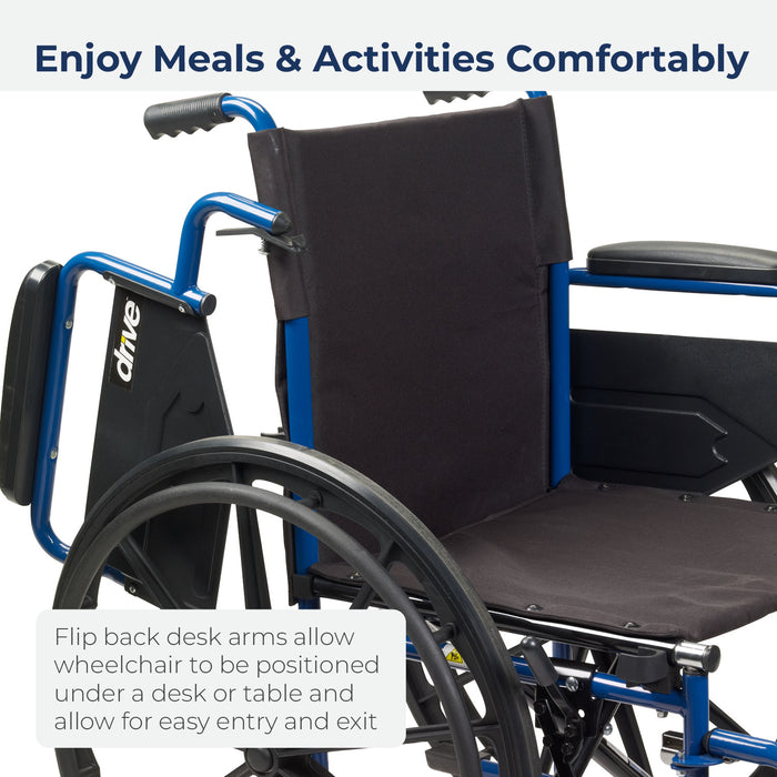 Blue Streak Wheelchair with Flip Back Desk Arms, Elevating Leg Rests, 20" Seat